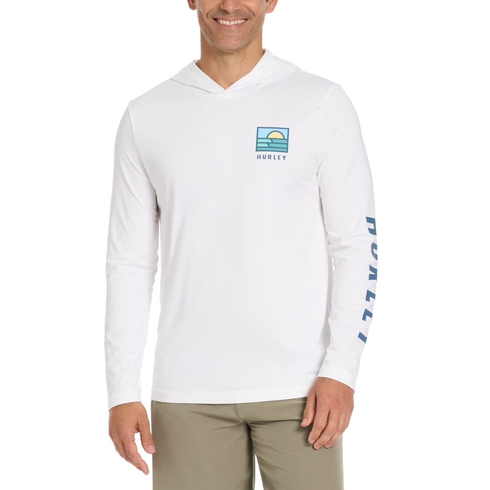 Hurley Mens Hooded UV Tee Long Sleeve White UPF 50 Sun Protection Shirt M
